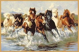Круглый шерстяной пейзажный ковер Hunnu 6S910 82 бегущие лошади